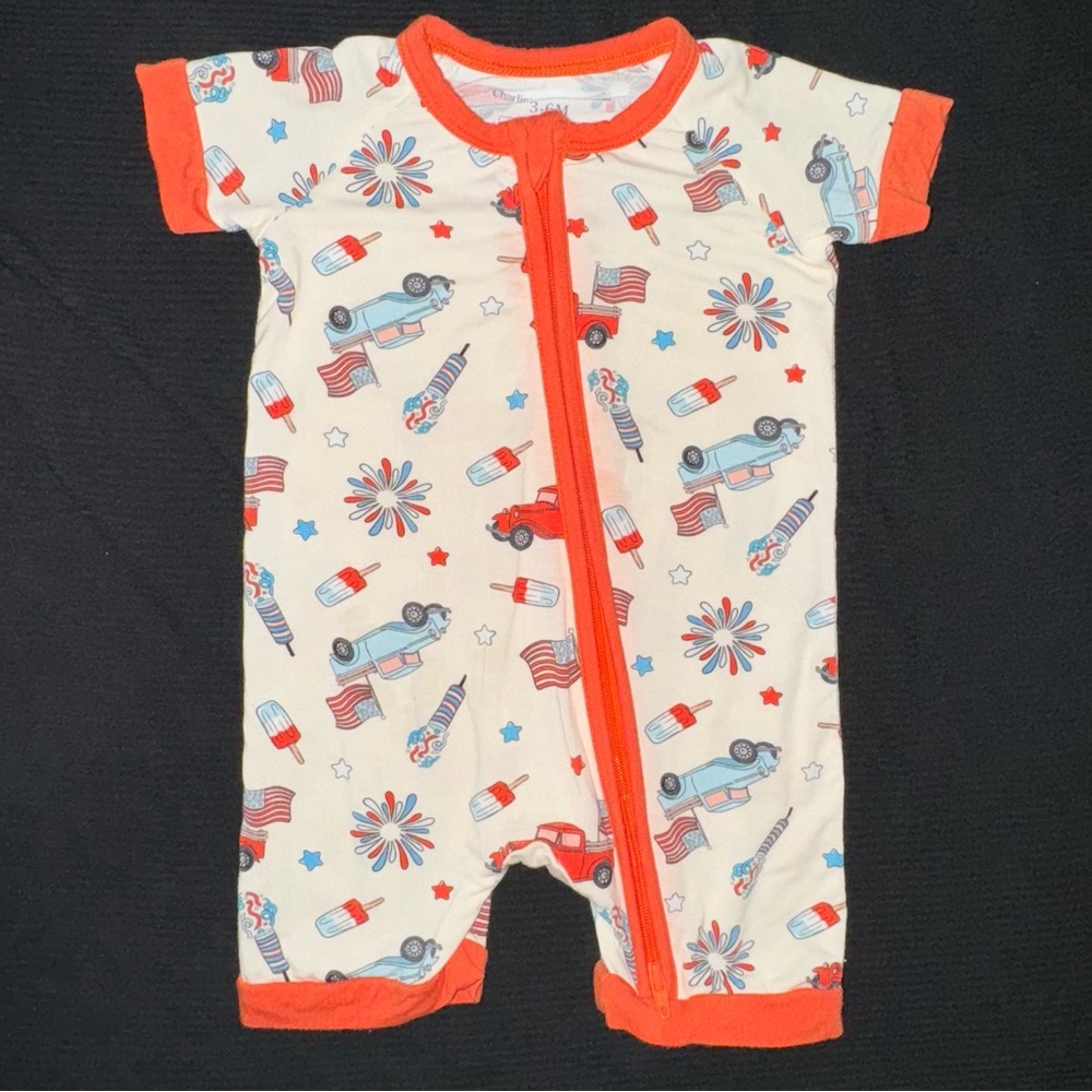 Red, white, and blue baby bamboo romper